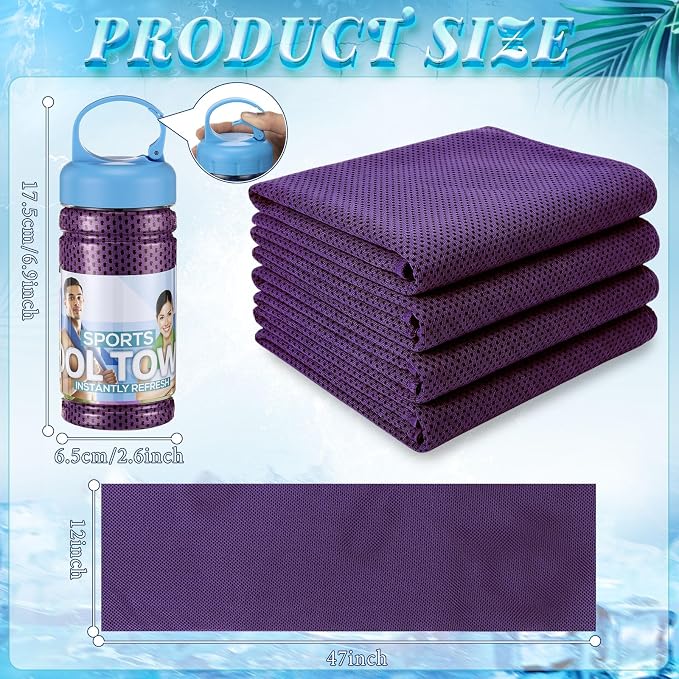 Honoson 20 Pcs Cooling Towels for Neck and Face, 47"x12" Sports Breathable Ice Towels Microfiber Chilly Sweat Rags with Portable Bottle for Gym Golf Athletes Yoga Workout Hot Weather (Purple)