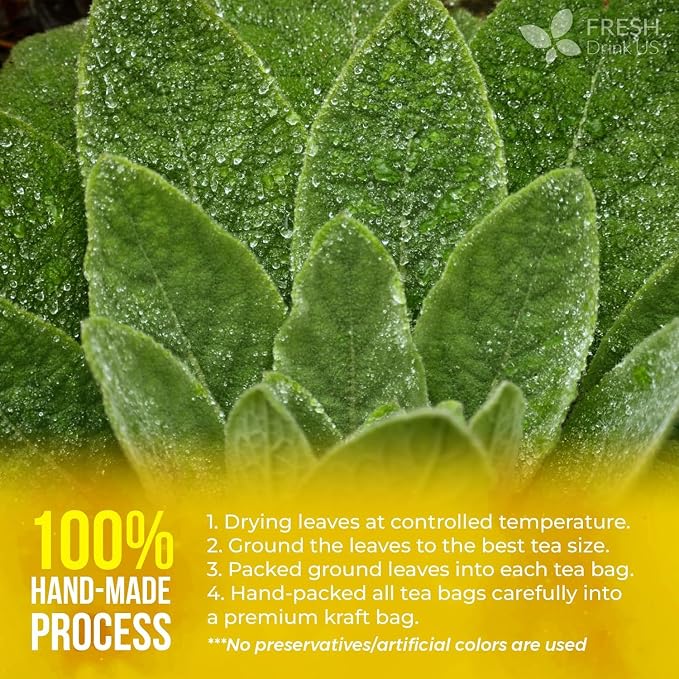 FreshDrinkUS, Premium 120 Mullein Leaf Tea Bags For Lung, 100% Natural & Pure from Mullein Leaves. Loose Leaf Mullein Herbal Tea. Made with Natural Material Tea Bags. No Sugar, No Caffeine, No Gluten, Vegan.