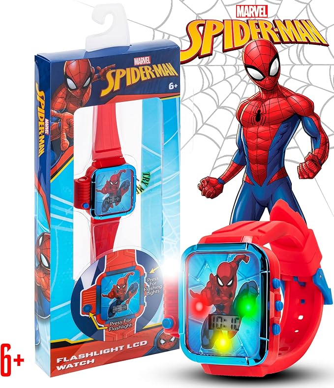 Marvel Spider-Man Flashlight Watch for Kids – Light-Up Fun with LCD Display, LED Flashlight, and Durable Silicone Band