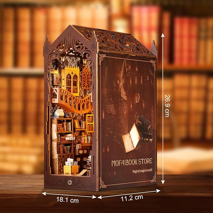 Foyucool DIY Book Nook Kit, Miniature Dollhouse Bookshelf Insert with LED Light, 3D Wooden Puzzle Bookend Insert, Perfect for Teens and Adults, Magic Book