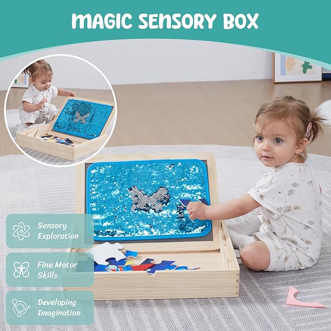 Wooden Sensory Sequin Box |Calm Down Corner Kit with Sensory Sequin Flip Mats,Space-Themed Felt Puzzle & Felt Tangram | Calming Corner Items for Kids -Sensory Room Must Haves