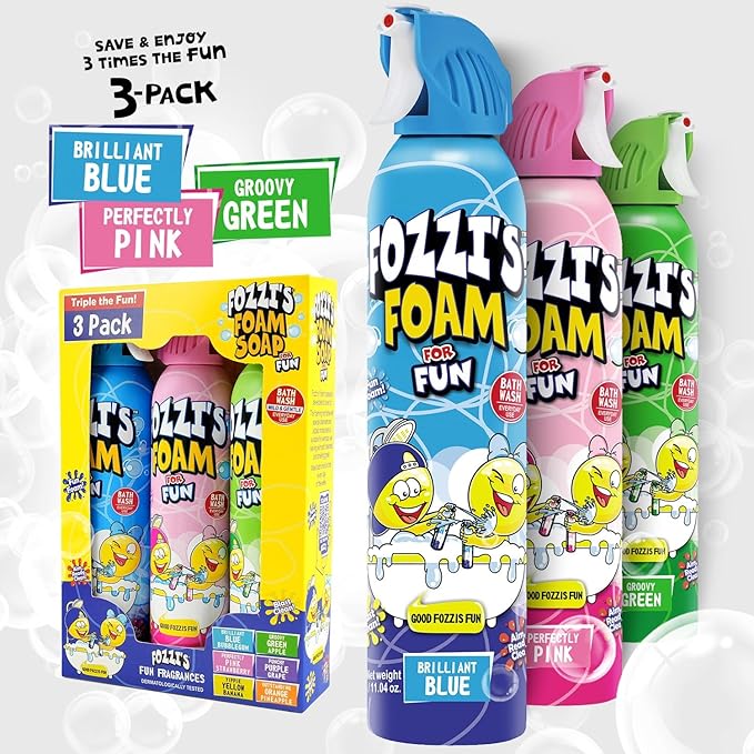 FOZZI'S Mixed Bath Foam Soap for Kids (3 Pack) - Fun Aerosol Spray - Squishy Bubble Soap for Playtime - Gentle Cleanser Foaming Body Wash - Safe Bath Fun for Everyday Wash