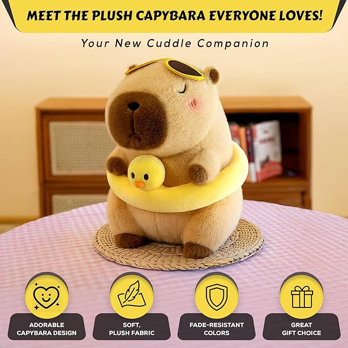 12 Inch Cute Animal Capybara Plush Toy with Yellow Tube, Cute Animal Plush, Cute Doll Gift for Kids for Girls/Boys, Kawaii Anxiety Stuffed Animal Plushie, Bedtime Huggable Companion