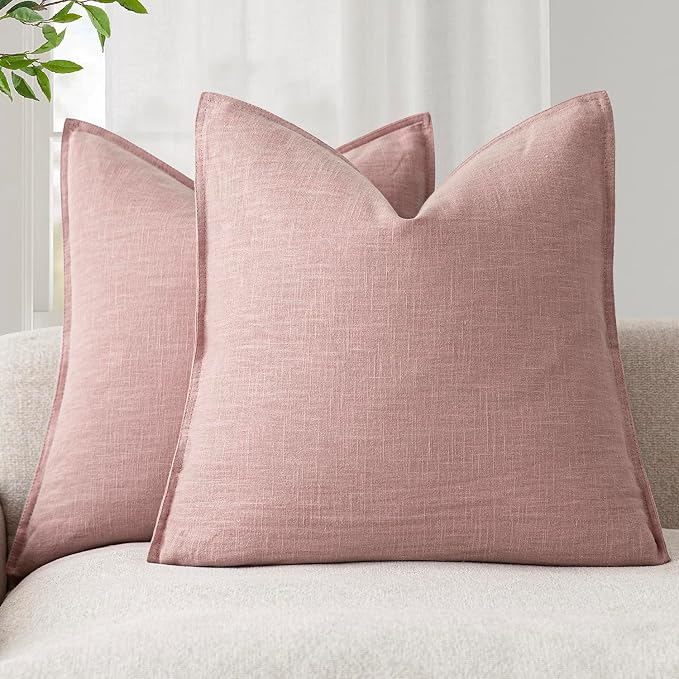 Foindtower Pack of 2, Decorative Linen Solid Throw Pillow Covers Soft Accent Cushion Euro Case Boho Farmhouse Pillowcase for Chair Couch Sofa Bedroom Living Room Home Decor 18 x 18 Inch Rose Pink