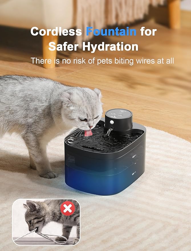 Battery Operated Cat Water Fountain, 84OZ/2.5L Wireless Pet Water Fountain for Cats Indoor, Cat Fountain with Motion Sensor, Ultra Quiet Pump, Black (Black+4Filters+4Sponges)