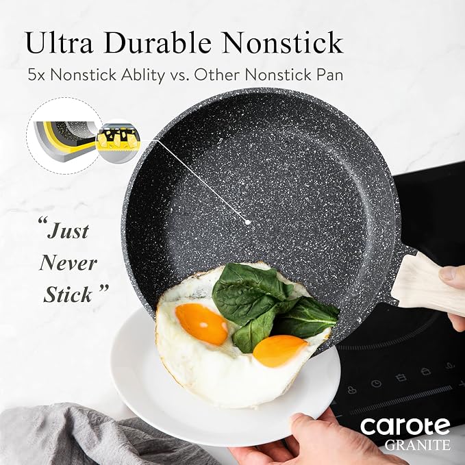 CAROTE Non Stick Frying Pan, 8 Inch Classic Granite Skillet with Glass Lid | Non Toxic Kitchen Cookware, Compatible with All Stovetop, PFOA Free