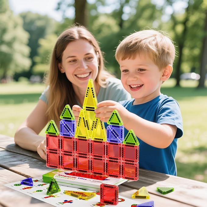Mini Magnetic Tiles Travel Set, 26PCS Compact Magnetic Building Blocks for Kids Ages 4-8 & Toddlers 1-3, Airplane Toys with Visual Storage Guide & Metal Box