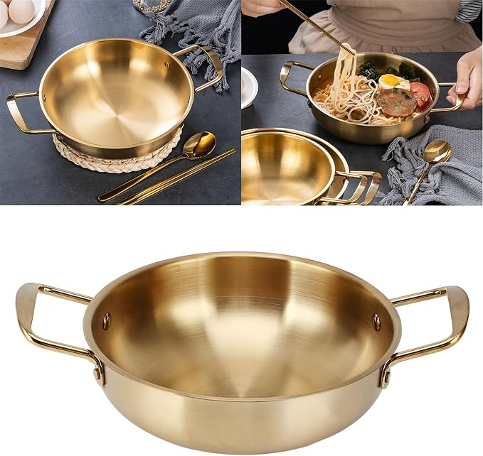 Generic Ramen Pot with Handles,Stainless Steel Ramen Cooking Pot Korean Noodle Pot Without Lid, Golden Korean Cooking Pot for Soup, Noodle, Pasta, Home and Outdoor, Dishwasher Safe, 7.1in