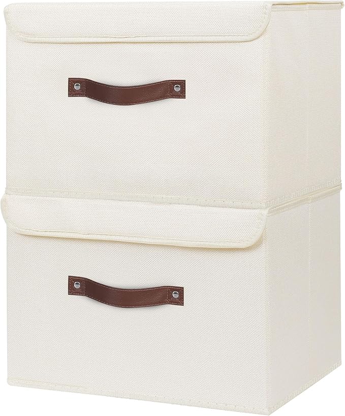 ANMINY Fabric Storage Box Bins with Lids, Beige, 13"x9"x7.9", 2 Pack | Keepsake Memory Storage, Cotton Linen, PP Board Reinforced, Washable, PU Handles, Foldable & Stackable, Decorative, Medium