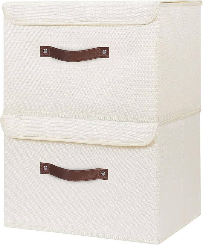 ANMINY Fabric Storage Box Bins with Lids, Beige, 15"x10"x10", 2 Pack | Keepsake Memory Storage, Cotton Linen, PP Board Reinforced, Washable, PU Handles, Foldable & Stackable, Decorative, Large