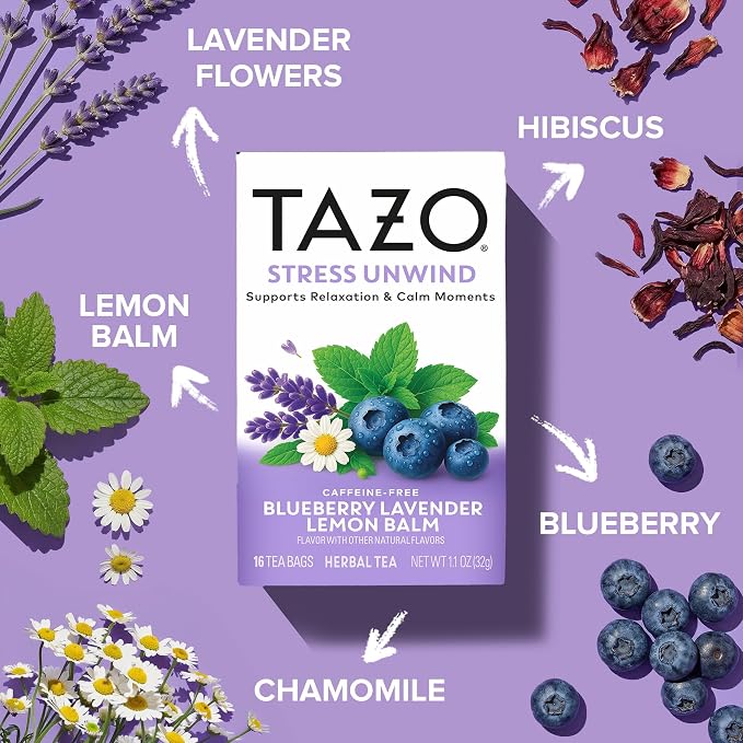 TAZO Stress Unwind Blueberry Lavender Lemon Balm Herbal Tea Bags - 16ct (6-Pack)