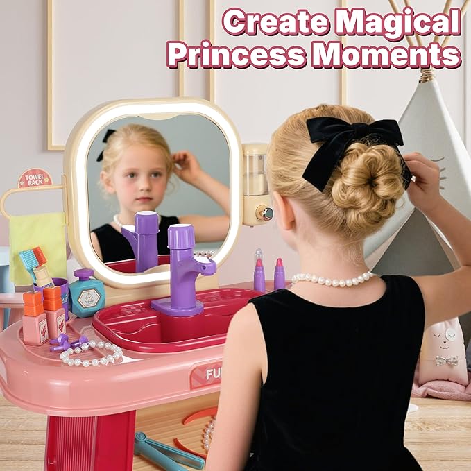 Kids Vanity Set with Mirror, Faucet, LED Lights & Music – Purple Princess Makeup Table with Stool, 23 Pretend Accessories, Toddler Vanity Beauty Salon Toy Gift for Girls Ages 3–6 Dress Up Play
