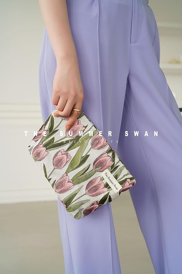 The Summer Swan | Large Aesthetic Makeup Bag Floral Mid-day Clutch Period Kit Hygiene Skincare Cute (Burgundy Tulip)