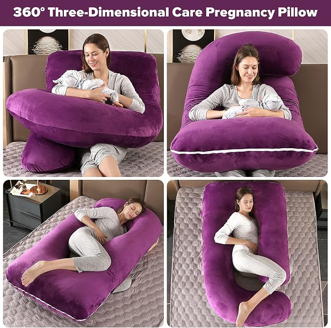 U-Shaped Full Body Pregnancy Pillow for Sleeping – 57" Maternity Pillow with Removable Cover, Support for Back, Legs, Belly & Hips (Velvet-Dark Purple)