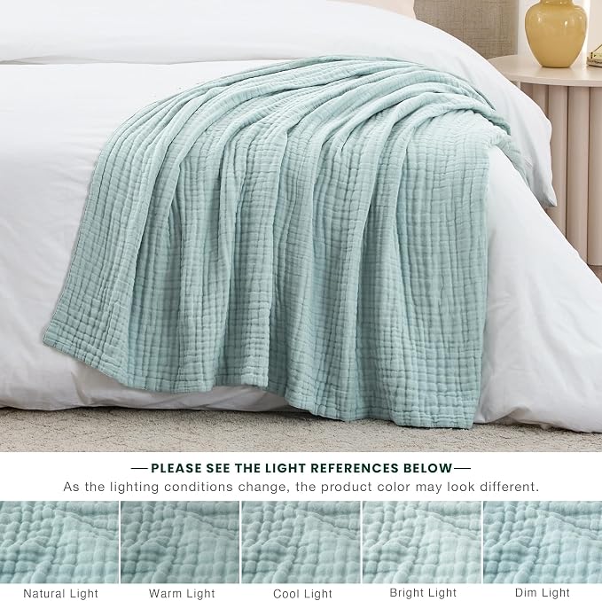 Love's cabin 100% Cotton Muslin Blanket, 6 Layer Lightweight Breathable Gauze Large Throw Blanket 50 x 70 Inches, Soft Cooling All Season Blanket for Couch or Sofa, Cyan