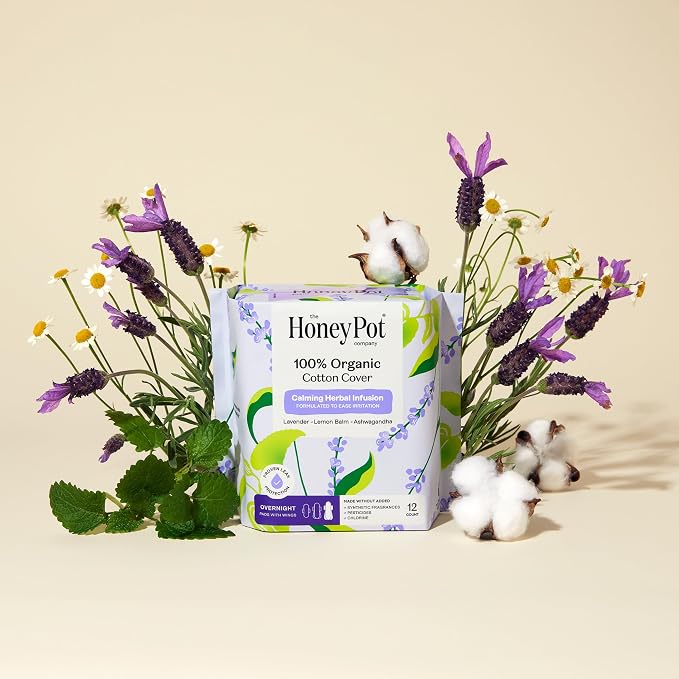 Honey Pot Calming Overnight Sanitary Pads for Women - 100% Organic Cotton Top Sheet - Feminine Care - Non Cooling - Calming Herbs of Lavender, Ashwagandha, & Lemon Balm - 48ct