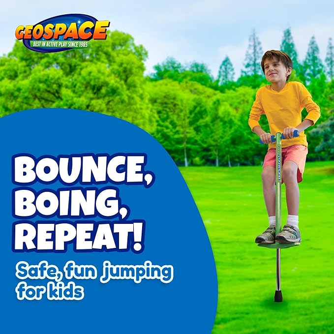 Geospace Jumparoo BOING! JR. Steel POGO STICK by Air Kicks, Small for Kids 50 to 90 Lbs - Active Play Outdoor Fun that Promotes Exercise & Balance Skills (Green)