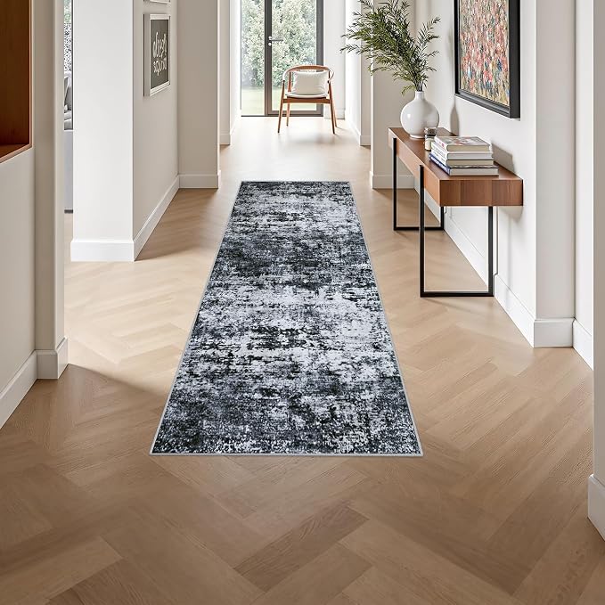 2'x6' Runner Rug Washable Rug: Modern Abstract Soft Thin Runner Rug Black