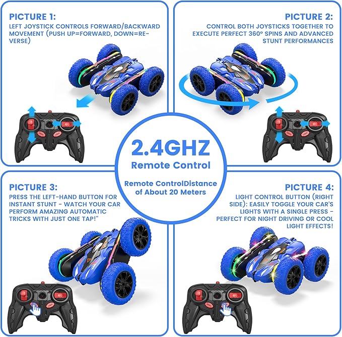 Remote Control Car for Kids, 2.4GHz 4WD Stunt RC Car with Double-Sided 360° Flips, Rechargeable LED Light Off-Road Toy Car for Boys Girls Ages 6-12