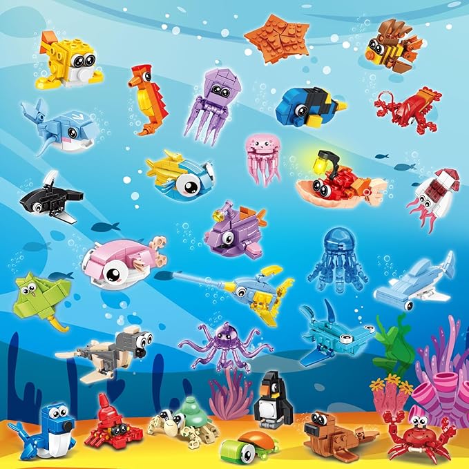 30 Packs Ocean Party Favors for Kids 895 PCS Mini Marine Animals Building Blocks for Goodie Bag Stuffers, Bulk Classroom Prizes, Christmas Birthday Party Favors for Boys Girls Ages 6-12