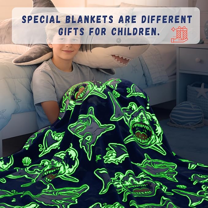 Shark Throw Blanket for Boys, Glow in the Dark Fish Blanket for Bedroom Travel, Cozy Soft Warm Ocean Animal Fleece Throws for Home Room Decor, Shark Boys Toys Gifts for Kids Toddlers, 50"x60"
