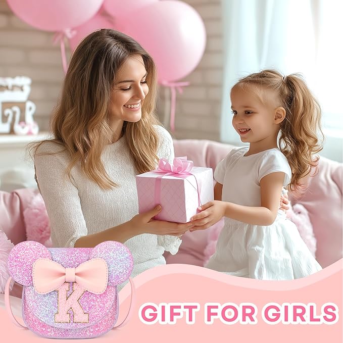 mibasies Toddler Purse Girl Gifts: Girls Birthday Gifts for 3-8 - Toys for Ages 2-4 Girls Mouse Ears Purse, Purple Rainbow, Letter K