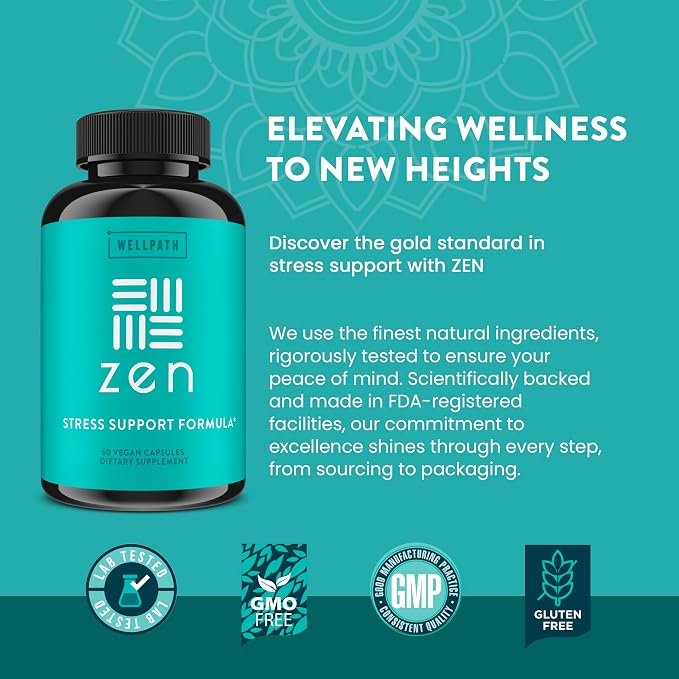 WellPath Zen Stress Relief Supplement + Mood Support (180 ct) | Calm, Stress & Energy Aid | Ashwagandha Root, Rhodiola Rosea, L-Theanine, Lemon Balm | Herbal Capsules