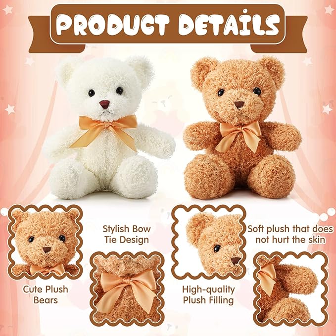 HyDren 5 Pcs Bears Stuffed Animal Soft Plush Toys Valentine 12 Inches Cute Small Shaggy Bear with Hoodie Bow Tie for Kids Boys Girls Baby Shower Birthday Party(Bow Tie Style,Light Brown, White)