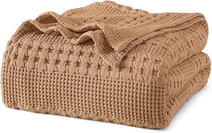 PHF 100% Cotton Waffle Weave Blanket Queen Size, Lightweight Breathable Summer Blanket for Hot Sleepers, Pre-Washed Soft Layer for Bed, Couch, Aesthetic Home Decor & Gift, 90"x90", Clay