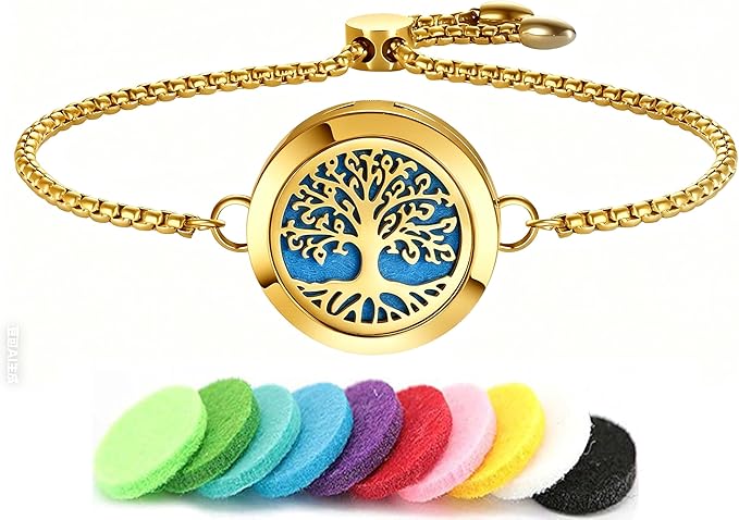 Aromatherapy Essential Oil Diffuser Bracelet, Tree of Life Pattern Locket Adjustable Link for Women Birthday Jewelry Gifts Trendy for Wife Mothers (Gold)