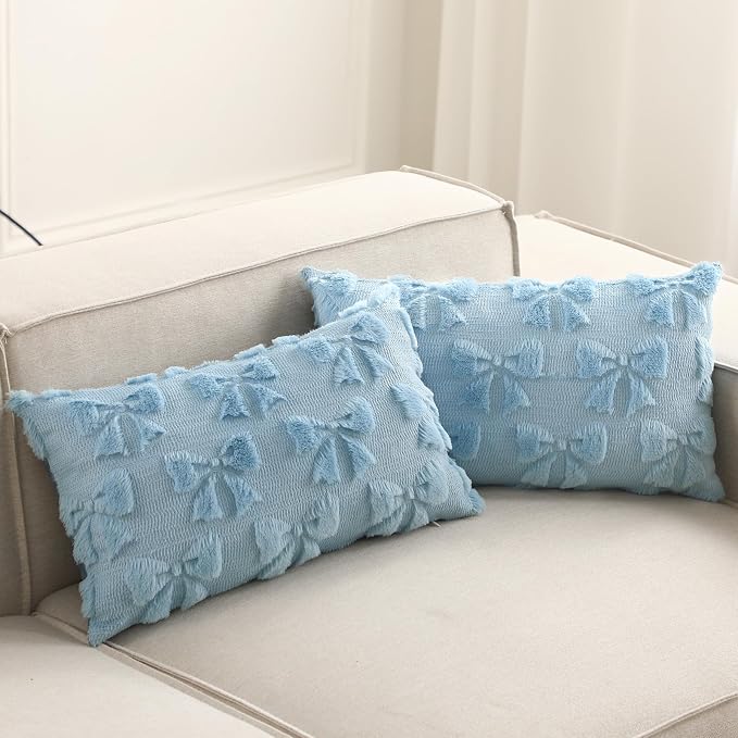 Mixweer Blue Bow Pillow Covers Set of 2 Preppy Room Decor Coquette Cute Spring Summer Decorative Faux Fur Soft Bowknot Stuff Fluffy Plush Aesthetic Pillowcase for Bed Sofa Couch (12 x 20 Inch)