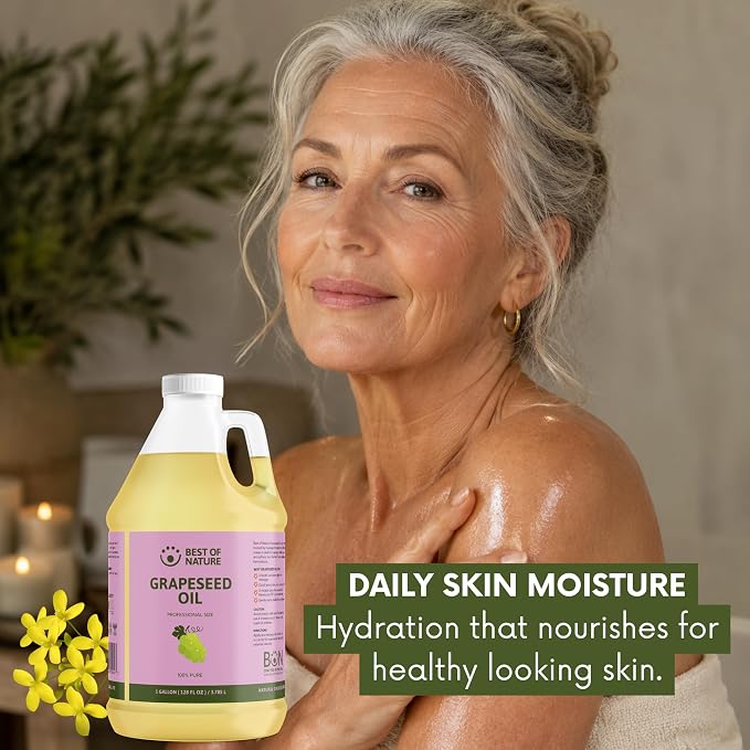 Best of Nature 100% Pure Grapeseed Oil - Unscented, Lightweight, Non-Greasy Moisturizer for Hair, Skin, Face & Aromatherapy, Carrier Oil for Essential Oils, Gallon (128 fl oz)