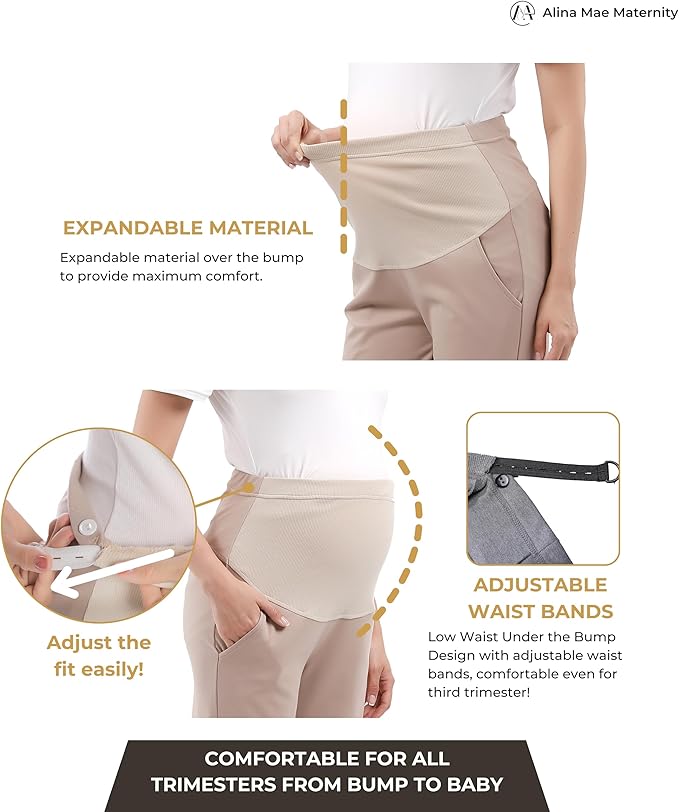 Maternity Pants Work Over The Belly with Pockets, Womens Pregnancy Dress Pants Office Clothes Trousers Stretch Summer