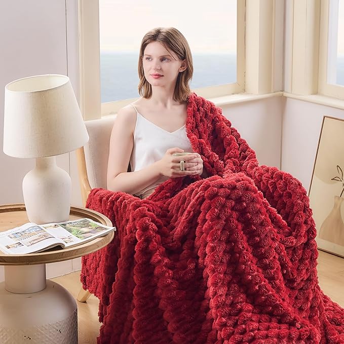 NEWCOSPLAY Super Soft Twin Blanket Red Premium Silky Flannel Fleece 3D Clouds Stylish Jacquard Lightweight Bed Blanket All Season Use 350GSM (Red, Twin(60"x80"))