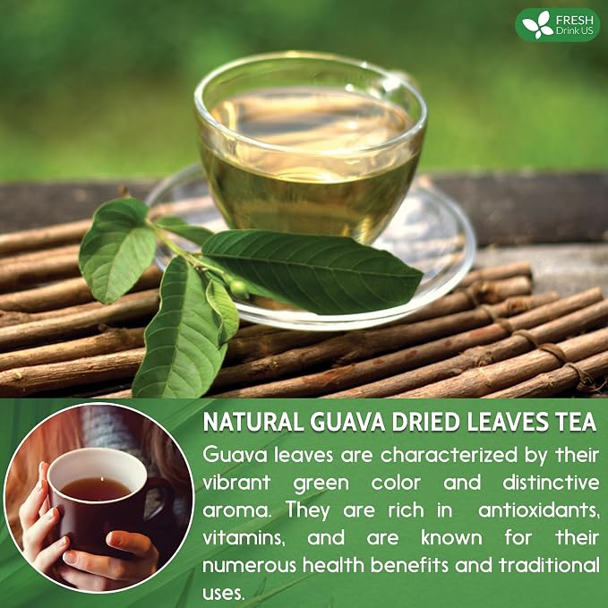 FreshDrinkUS, Premium 100+ Natural Guava Leaves, Whole Dried Leaves, 100% Pure, Natural Guava Loose Leaf Herbal Tea, No Additives, No Caffeine, Vegan