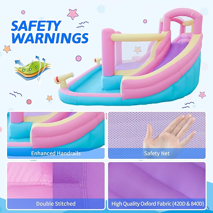 Inflatable Water Slide Bounce House for Kids, 12.1 FT x 10.3 FT Small Water Park Bouncy Castle, Double Slides, Jumper, Climbing Wall, Basketball Hoops, Included Blower