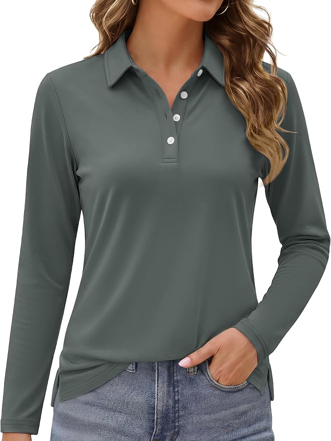 MAGCOMSEN Long Sleeve Polo Shirts for Women Golf Tops with Collar Work | UPF 50+ Sun Protection, 4 Buttons, Moisture Wicking, Breathable, 4-Way Stretch, Collared, Quick Dry, Active, Casual, Tennis