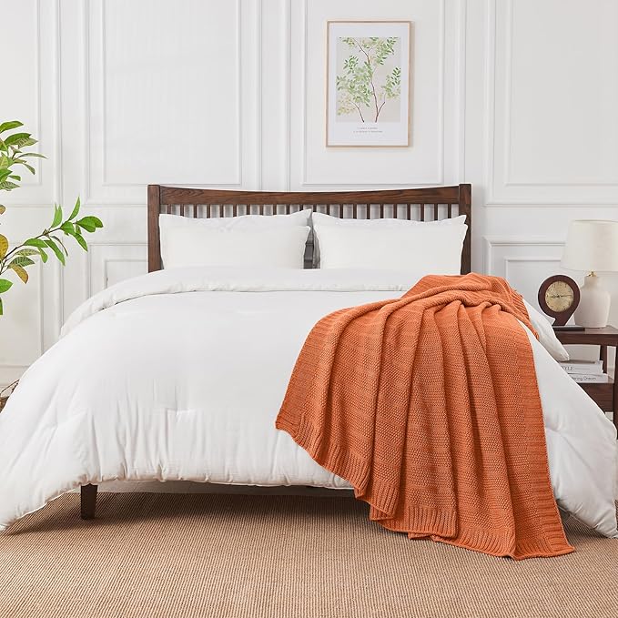 Douceur Orange Throw Blanket for Bed, Soft Cozy Lightweight Stripe Pattern Knitted Throw Blanket for Sofa, Living Room Gift, 50"X60"