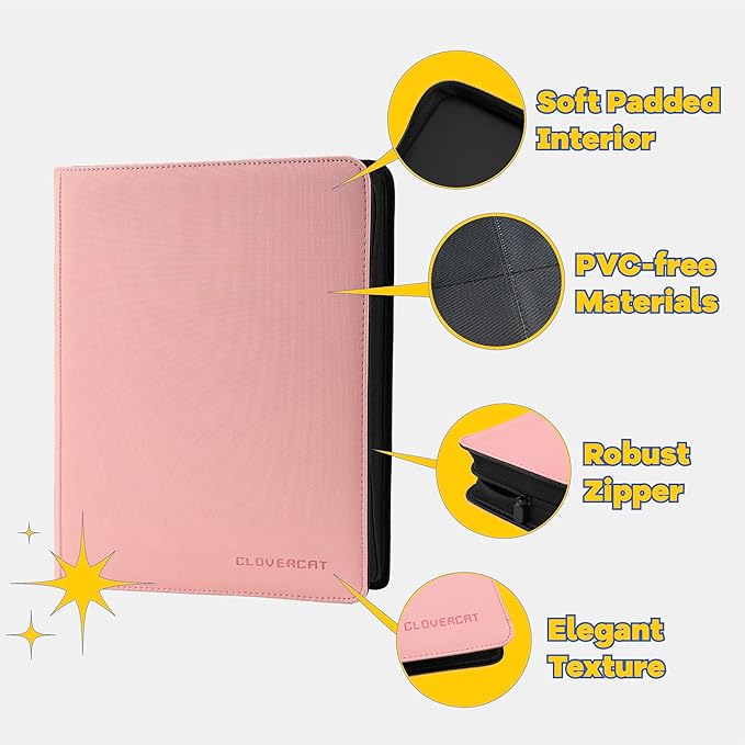 9-Pocket Toploader Binder, Clovecat Premium Card Book, Holds 252 Trading Card with 20 Removable Top-loader Sleeves, PU Card Holder Folders,Card Album for MTG, TCG, Yugioh, Game & Sports Cards (Pink)