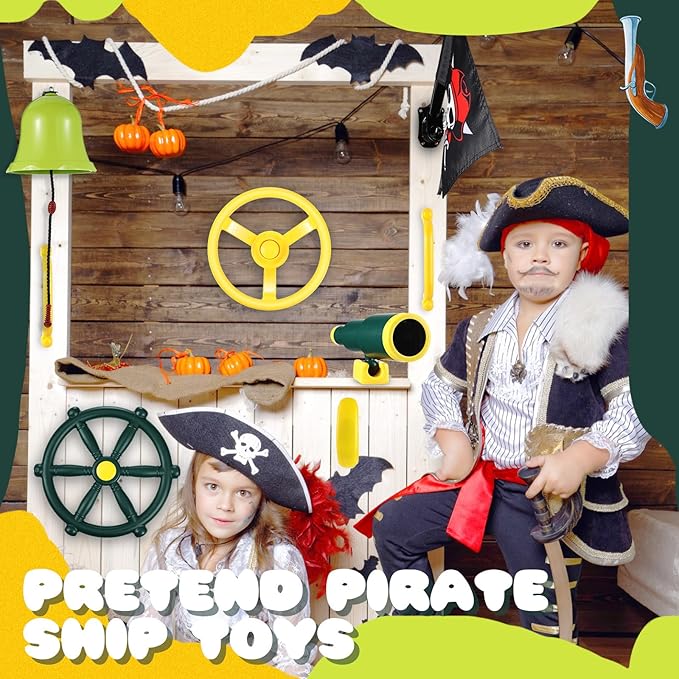 Foilswirl Swing Set Accessories Outdoor Playground Accessories Backyard Playground Equipment with Telephone, Ship Wheel, Telescope, Bell, Safety Handle Bars, Pirate Flag for Playhouse (Yellow, Green)