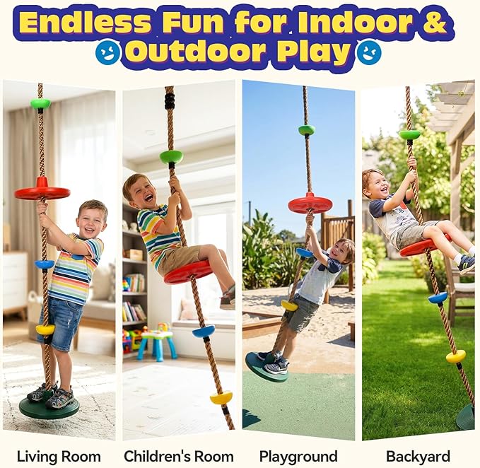 HeyZoo Dual Large Disc Tree Swing for Kids 330LB Capacity, Rope Swing with 3 Small Platforms, Outdoor Backyard Playground Seats Set with Carabiner and Thickened Strap, 1 Pack