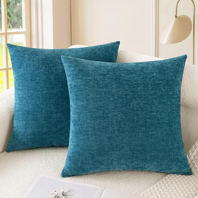 CaliTime Decorative Couch Throw Pillow Covers 20 X 20 Inches Ocean Blue | Pack of 2, Cozy Chenille Cushion Cases for Sofa Bed Living Room Farmhouse Home