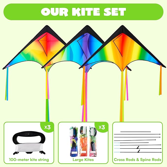 JOYIN 3 Packs Large Delta Kite Gradient Rainbow, Easy to Fly Huge for Kids and Adults, Large Delta Beach Kite for Outdoor Games and Activities