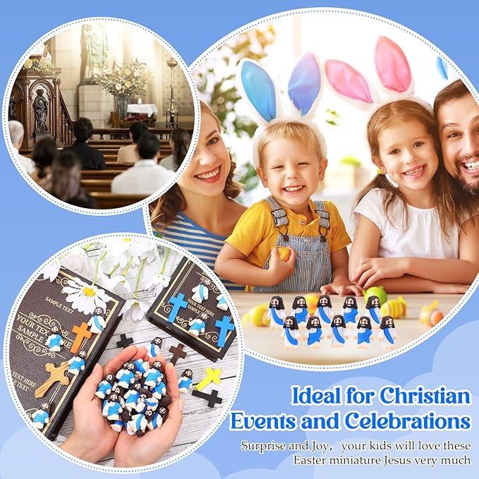 Bememo 300 Pcs Little Jesus Figures Bulk Original Design Mini Pocket Jesus Toys Rubber Figurine to Hide and Seek Religious Party Favors Sunday School Craft Baptism Gifts(Blue)