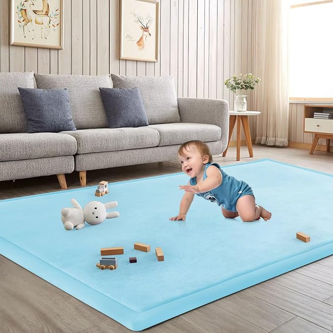 Baby Play Mat for Floor Nursery Muscle Area Rug Playroom Rug 47"x47" Elastic Foam 1.3" Thick Crawling Mat for Babies,Toddlers, Infants,Kids(Ice Blue)