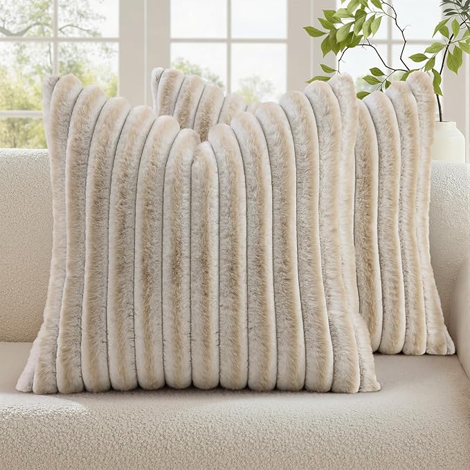 decorUhome Fall Faux Fur Throw Pillow Covers 16x16 Set of 2 Beige White | Decorative Soft Cozy Striped Plush Modern Farmhouse Boho Couch Pillow Cases Velvet Back for Sofa Bed Living Room Home Decor