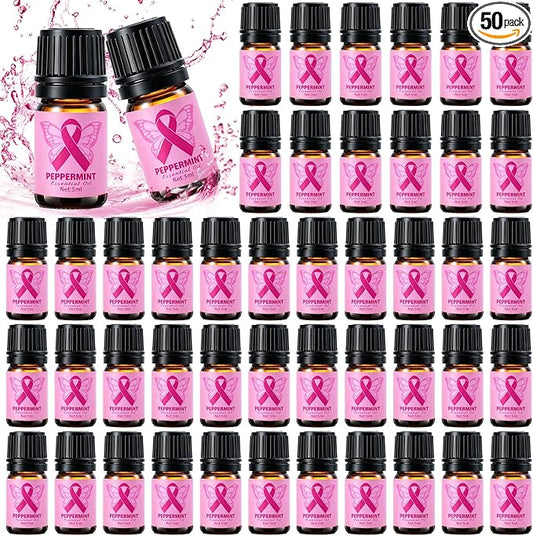 50 PCS Breast Cancer Awareness Peppermint Essential Oil Set for Skin Diffuser Candle Making Pink Ribbon Fragrance Aromatherapy Oils for Pink October Breast Cancer Charity Survivor Gifts (5ml)