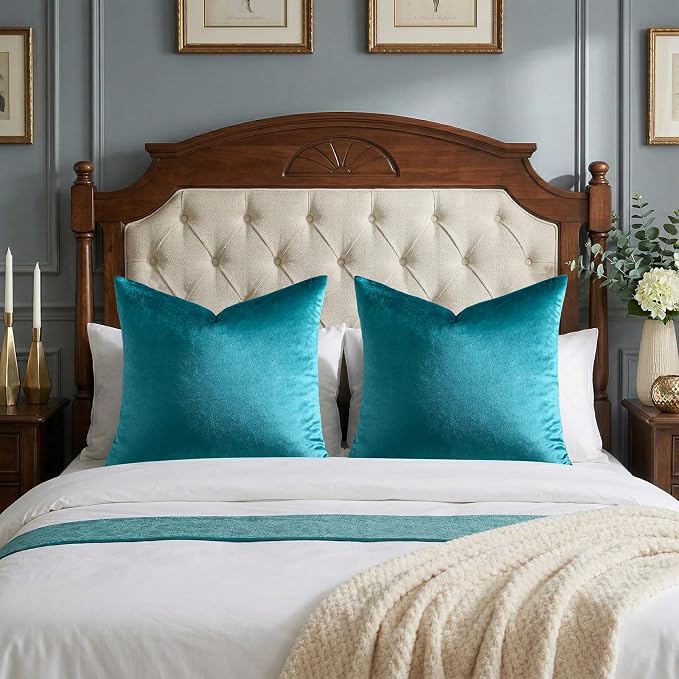 GIGIZAZA Teal Velvet Pillow Covers 24x24 Decorative Pillows Pack of 2 | Blue Throw Pillows for Couch Sofa,280gsm Soft Textured Fabric,Modern Square Pillowcases,Luxury Cushion Covers