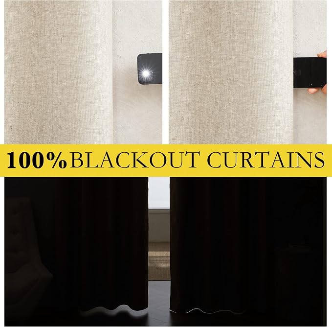 NICETOWN 100% Blackout Linen Texture Curtains 72 inches Long, Beige, 2 Panels, Thermal Insulated Full Blackout 2-Layer Lined Drapes, Energy Efficiency Window Draperies for Boy's Room