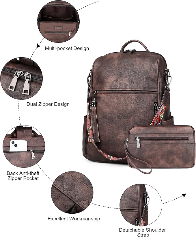 FADEON Leather Backpack Purse for Women Designer Travel Backpack Purses PU Fashion Ladies Shoulder Bag with Tassel